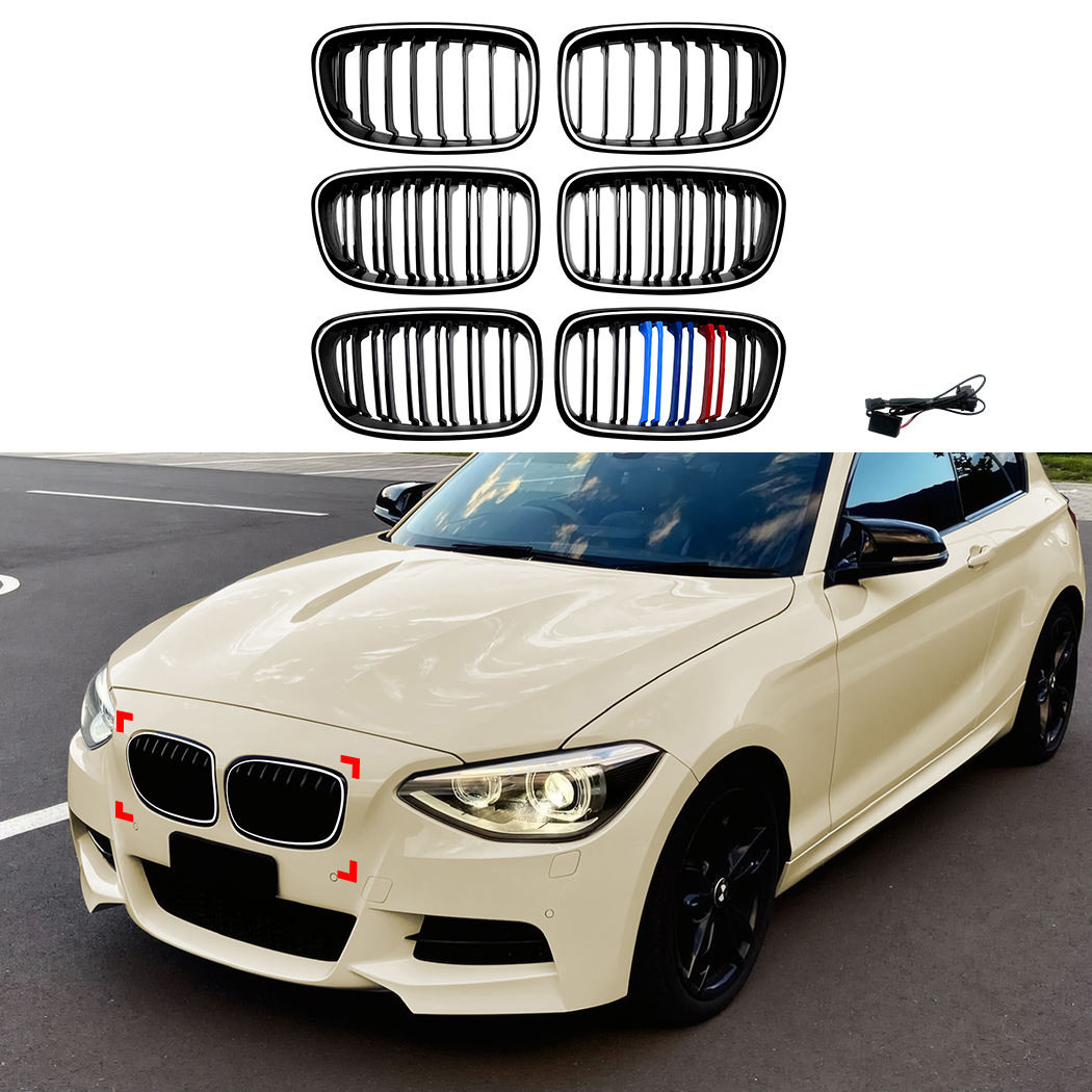 AMP-Z Front Bumper Grille Grill With Lights Black For BMW 1 Series F20 F21 Pre-Facelift 2011-2014
