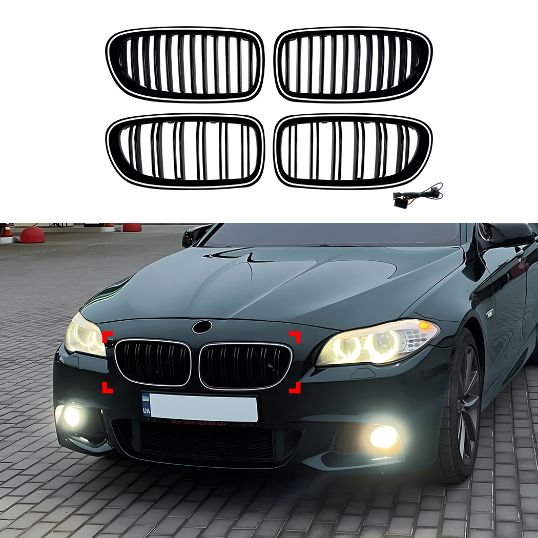 AMP-Z Front Bumper Grille Grill With Lights Black For BMW 5 Series F10 F11 2011-2017