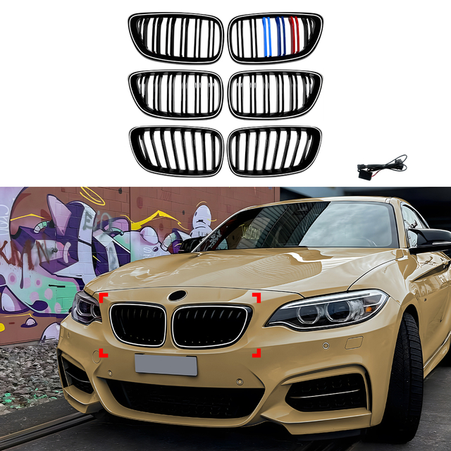AMP-Z Front Bumper Grille Grill With Lights Black For BMW 2 Series F22 F23 2014-2019