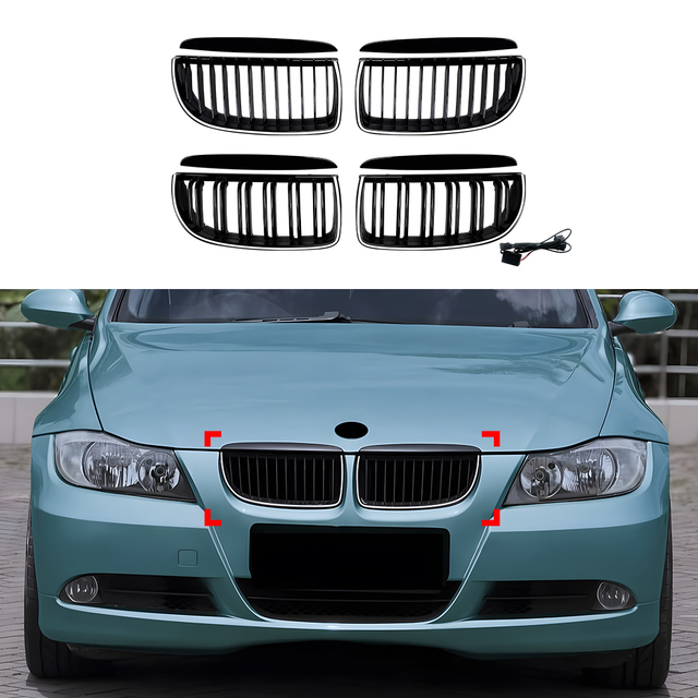 AMP-Z Front Bumper Grille Grill With Lights For BMW 3 Series E90 E91 Pre-facelift 2005-2008
