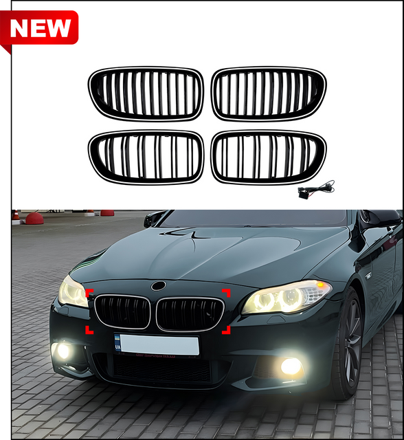 AMP-Z Front Bumper Grille Grill With Lights Black For BMW 5 Series F10 F11 2011-2017