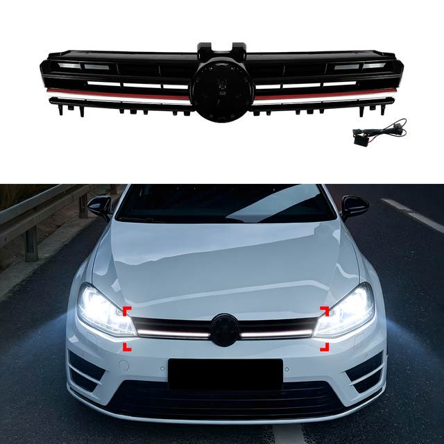 AMP-Z Front Bumper Grille Grill With Lights Black For VW Volkswagen Golf MK7 2013-2016