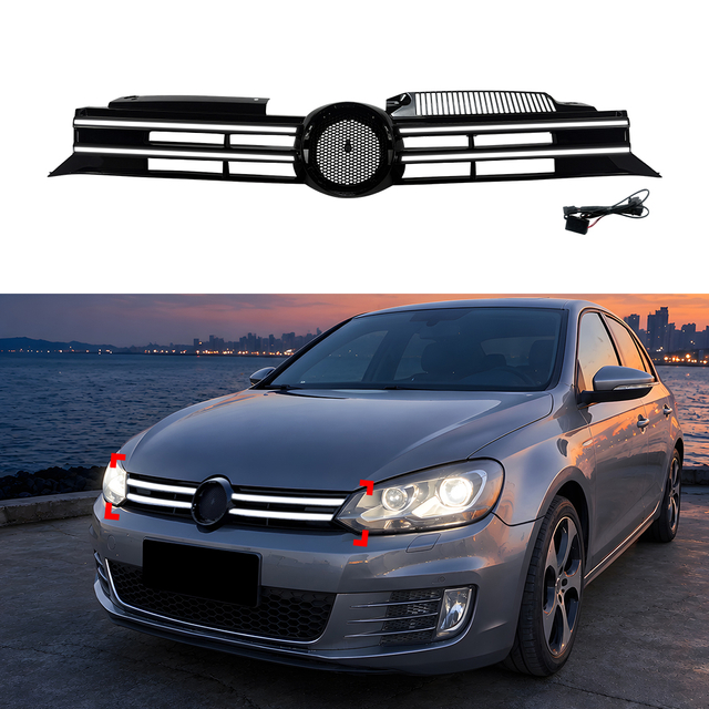 AMP-Z Front Bumper Grille Grill With Lights For VW Volkswagen Golf MK6 Stanard 2008-2012