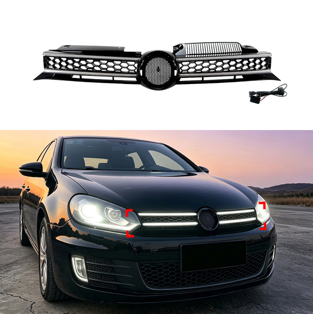 AMP-Z Front Bumper Grille Grill With Lights For VW Volkswagen Golf MK6 Stanard 2008-2014