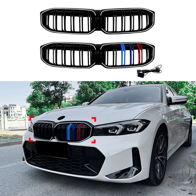 AMP-Z Front Bumper Grille Grill With Lights Black For BMW 3 Series G20 G21 LCI 2023+