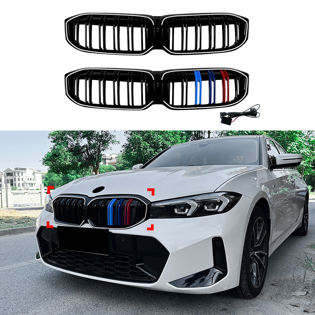 AMP-Z Front Bumper Grille Grill With Lights Black For BMW 3 Series G20 G21 LCI 2023+